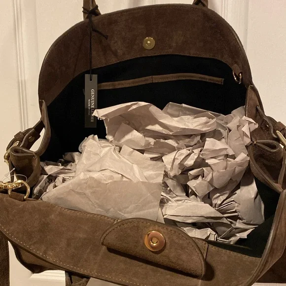 BNWT CLAUDIA FIRENZE Viral Made in Italy Chocolate Brown Suede Satchel Bag - Picture 15 of 15